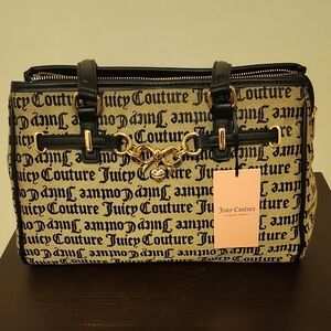 Juicy Couture Black & Beige Logo Satchel with Gold Hardware